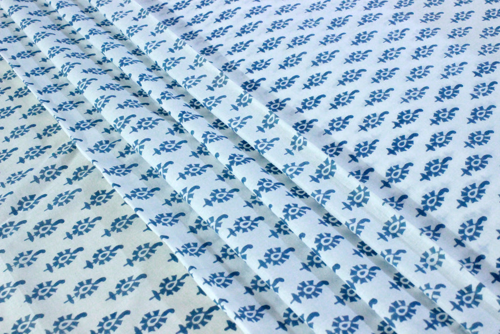 Blue Floral Hand Block Print Cotton Fabric - Indian Mughal Design
