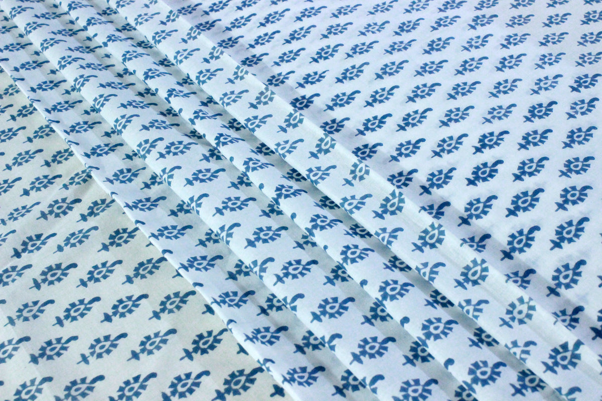 Blue Floral Hand Block Print Cotton Fabric - Indian Mughal Design