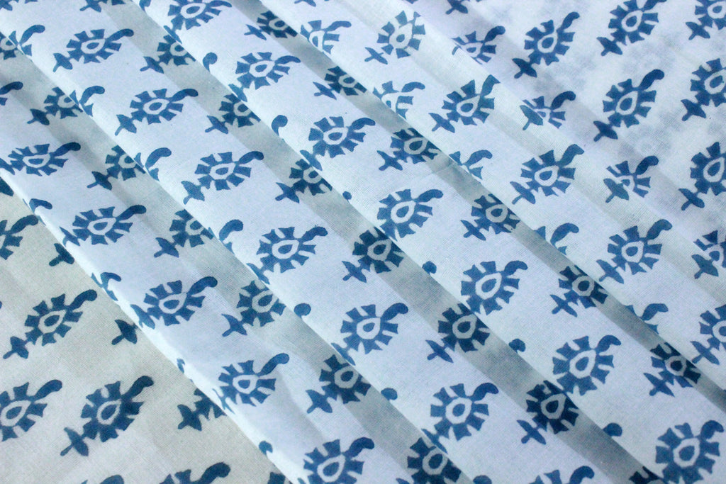 Blue Floral Hand Block Print Cotton Fabric - Indian Mughal Design