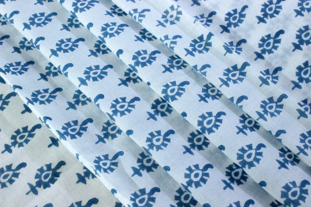 Blue Floral Hand Block Print Cotton Fabric - Indian Mughal Design