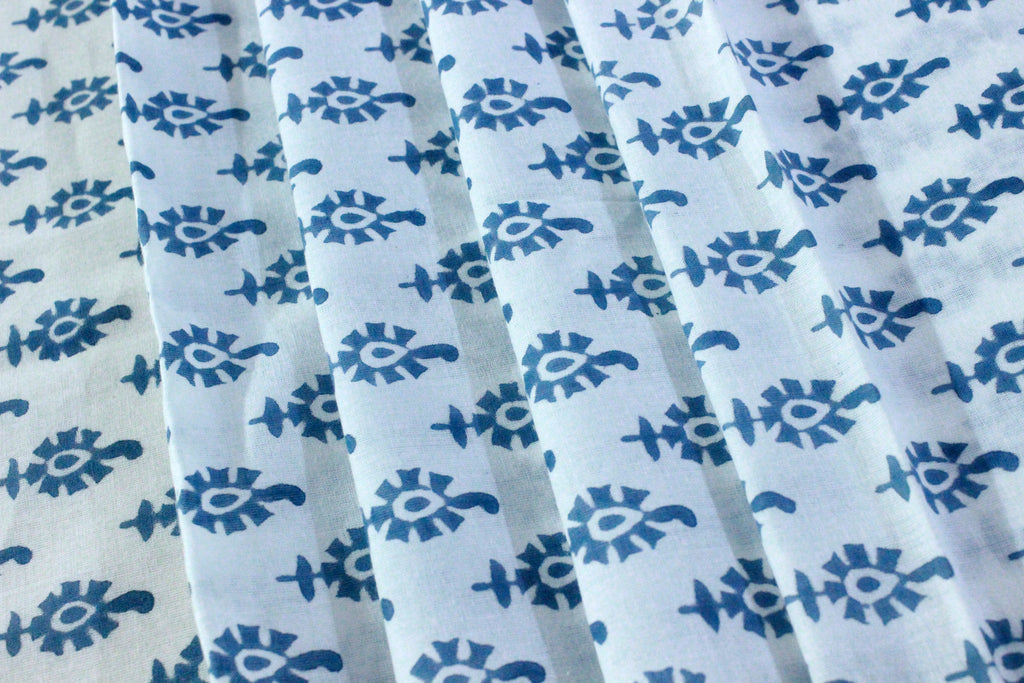 Blue Floral Hand Block Print Cotton Fabric - Indian Mughal Design