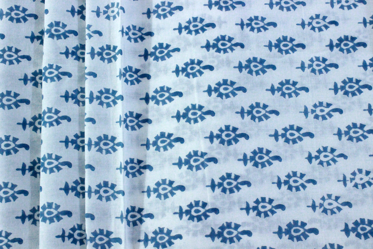 Blue Floral Hand Block Print Cotton Fabric - Indian Mughal Design