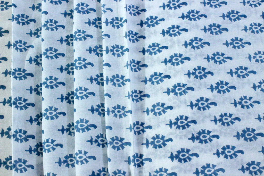 Blue Floral Hand Block Print Cotton Fabric - Indian Mughal Design