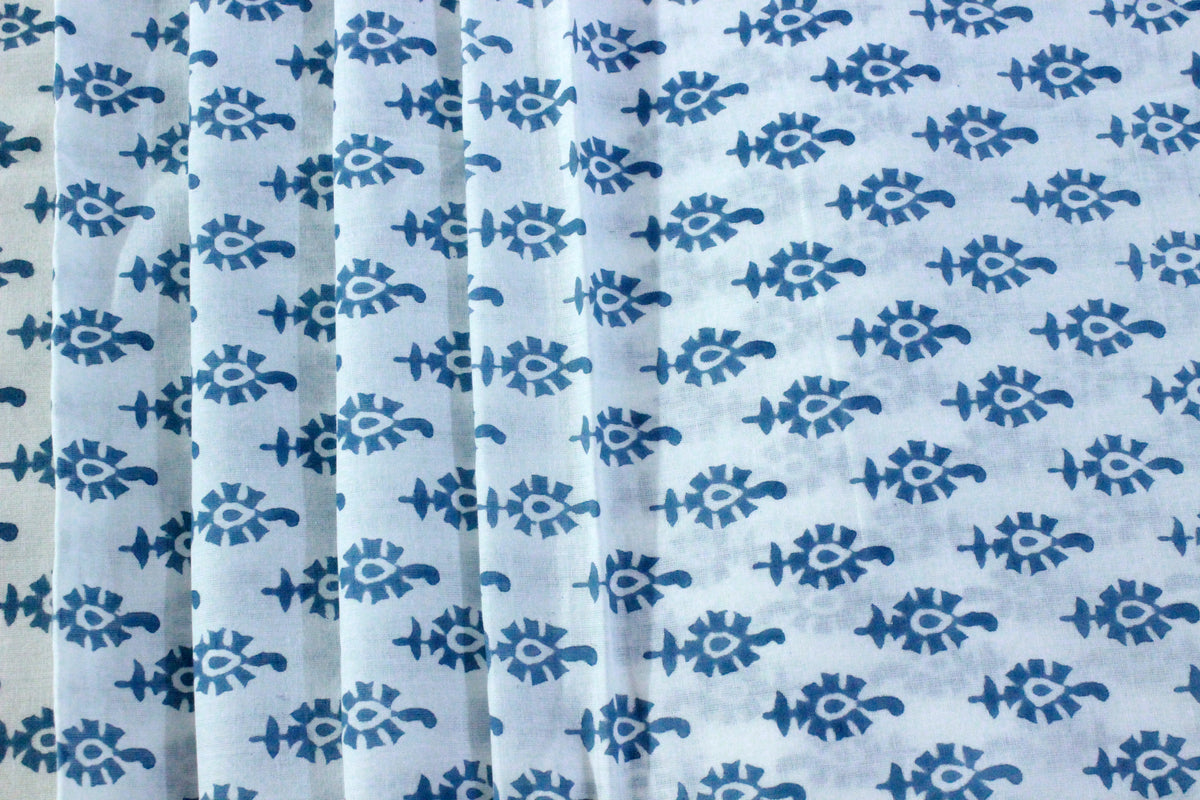 Blue Floral Hand Block Print Cotton Fabric - Indian Mughal Design