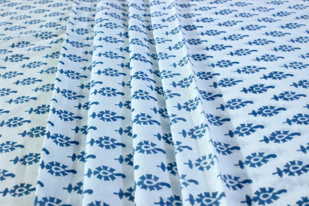 Blue Floral Hand Block Print Cotton Fabric - Indian Mughal Design