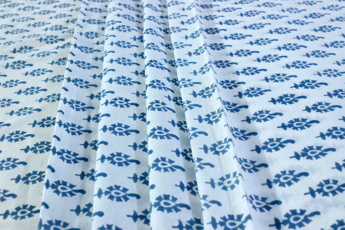 Blue Floral Hand Block Print Cotton Fabric - Indian Mughal Design