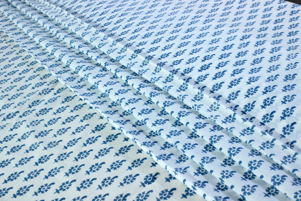 Blue Floral Hand Block Print Cotton Fabric - Indian Mughal Design
