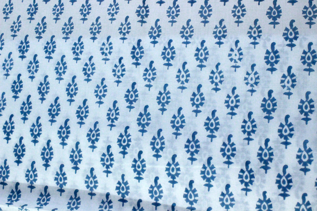 Blue Floral Hand Block Print Cotton Fabric - Indian Mughal Design
