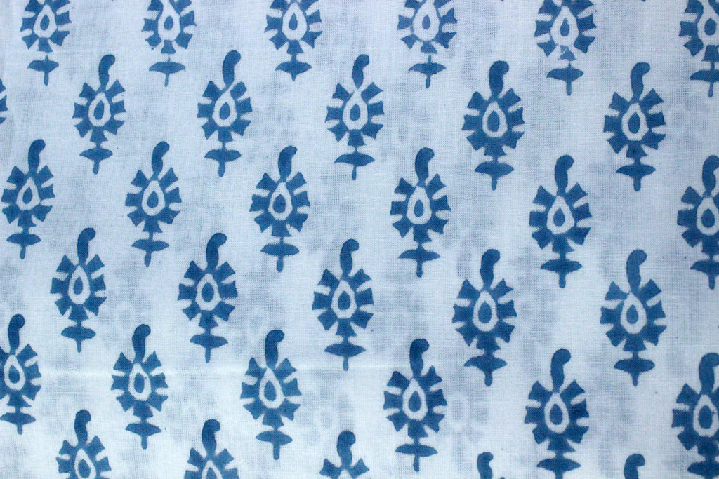 Blue Floral Hand Block Print Cotton Fabric - Indian Mughal Design