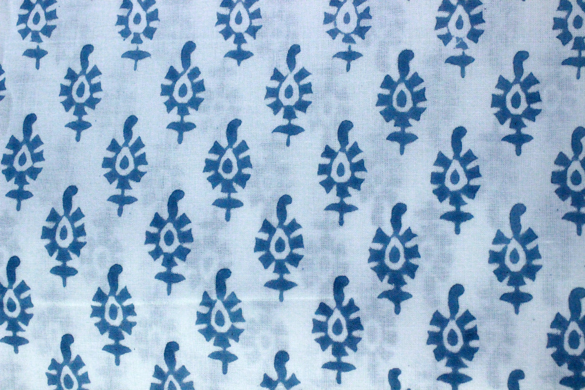 Blue Floral Hand Block Print Cotton Fabric - Indian Mughal Design