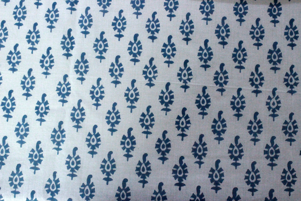 Blue Floral Hand Block Print Cotton Fabric - Indian Mughal Design