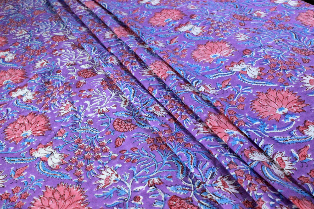 Hand Block Print Cotton Fabric: Purple Pink Floral Indian Fabric by the Yard