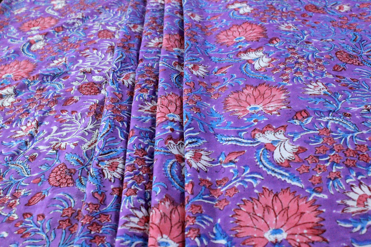 Hand Block Print Cotton Fabric: Purple Pink Floral Indian Fabric by the Yard