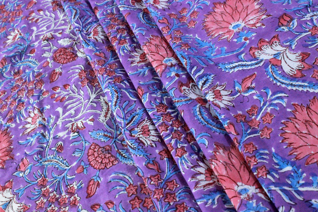 Hand Block Print Cotton Fabric: Purple Pink Floral Indian Fabric by the Yard