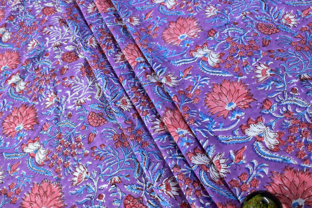Hand Block Print Cotton Fabric: Purple Pink Floral Indian Fabric by the Yard