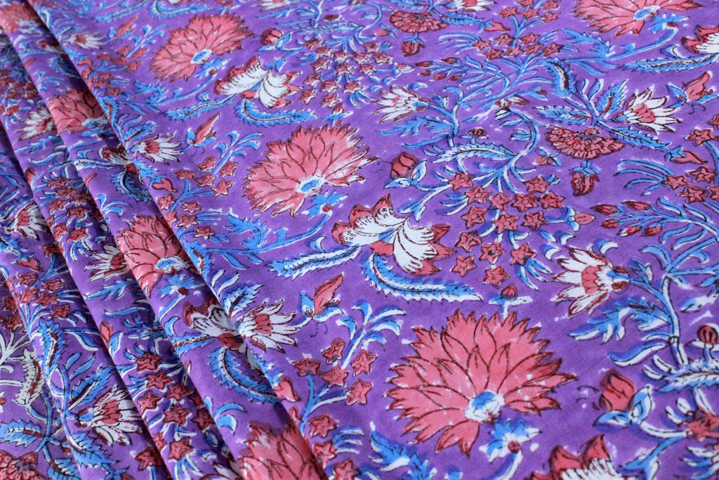 Hand Block Print Cotton Fabric: Purple Pink Floral Indian Fabric by the Yard