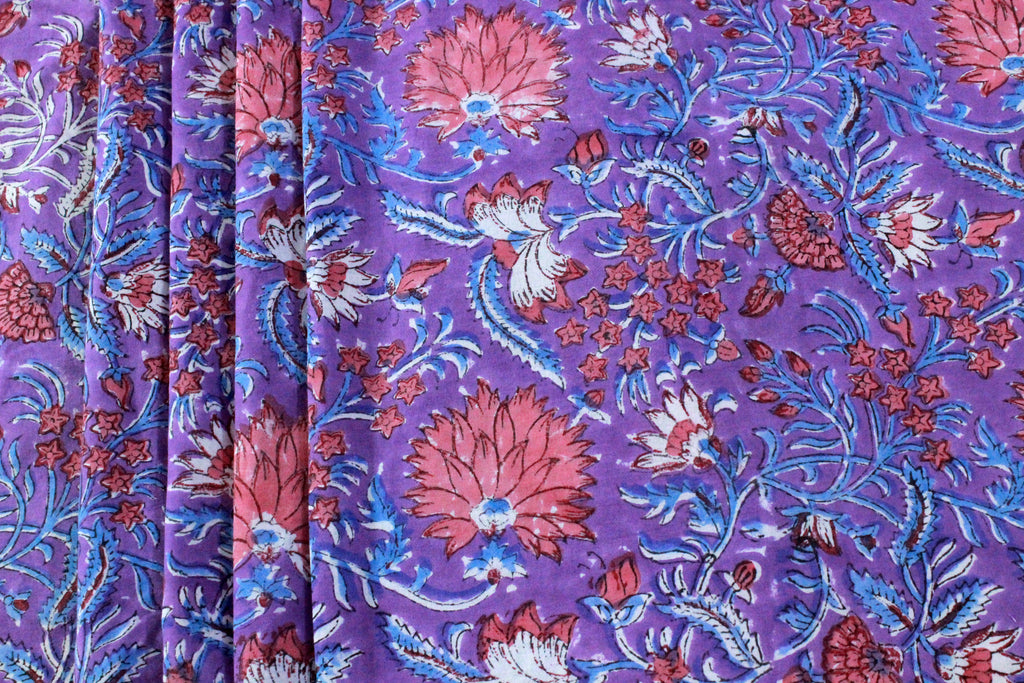 Hand Block Print Cotton Fabric: Purple Pink Floral Indian Fabric by the Yard