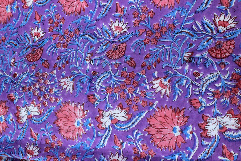 Hand Block Print Cotton Fabric: Purple Pink Floral Indian Fabric by the Yard