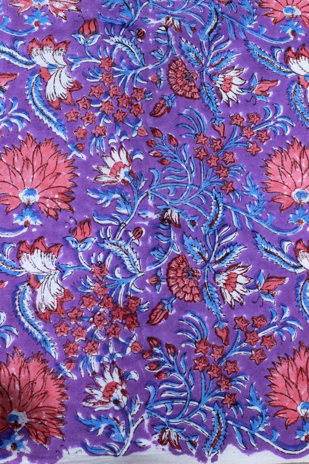 Hand Block Print Cotton Fabric: Purple Pink Floral Indian Fabric by the Yard