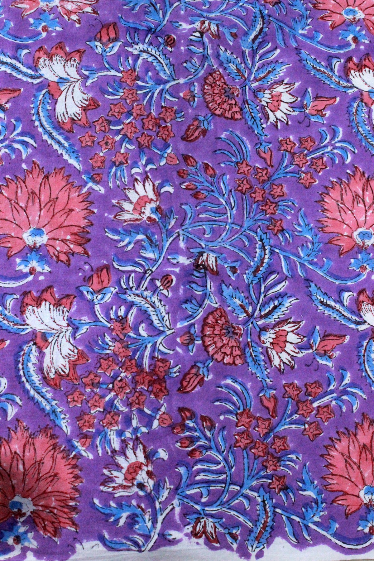 Hand Block Print Cotton Fabric: Purple Pink Floral Indian Fabric by the Yard