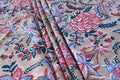 Hand Block Print Cotton Fabric: Brown & Pink Floral Indian Fabric by the Yard
