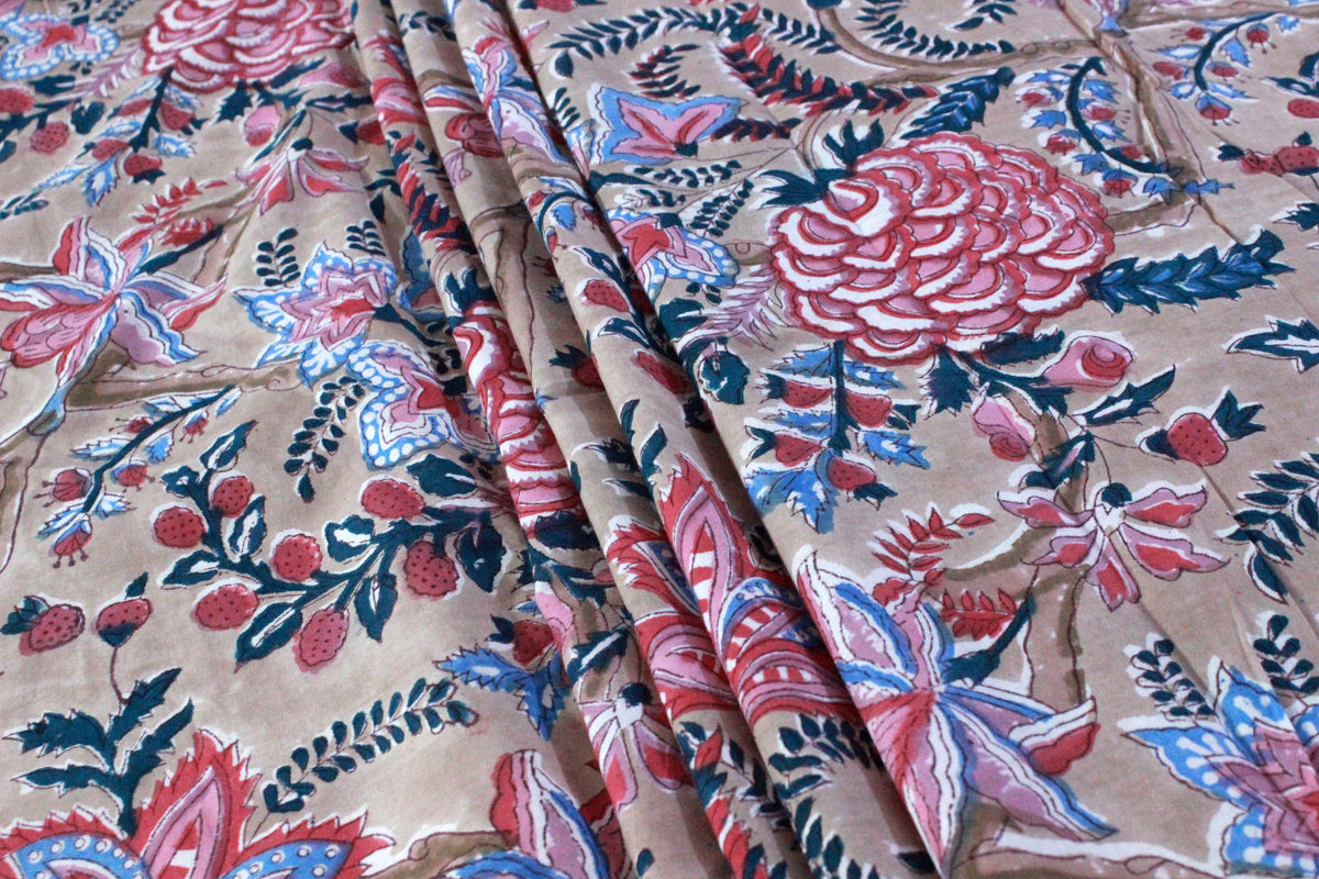 Hand Block Print Cotton Fabric: Brown & Pink Floral Indian Fabric by the Yard