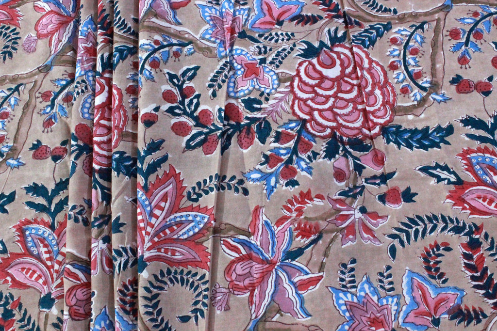 Hand Block Print Cotton Fabric: Brown & Pink Floral Indian Fabric by the Yard