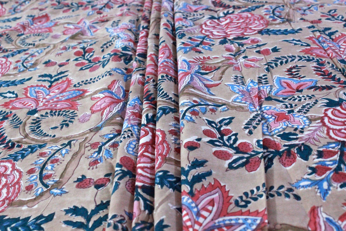 Hand Block Print Cotton Fabric: Brown & Pink Floral Indian Fabric by the Yard