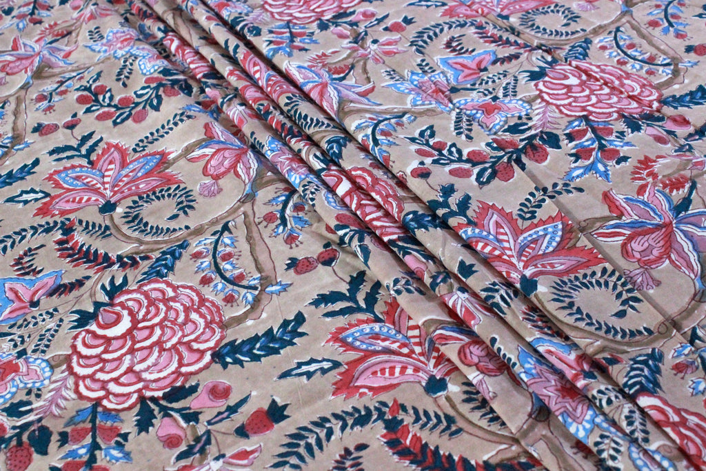 Hand Block Print Cotton Fabric: Brown & Pink Floral Indian Fabric by the Yard