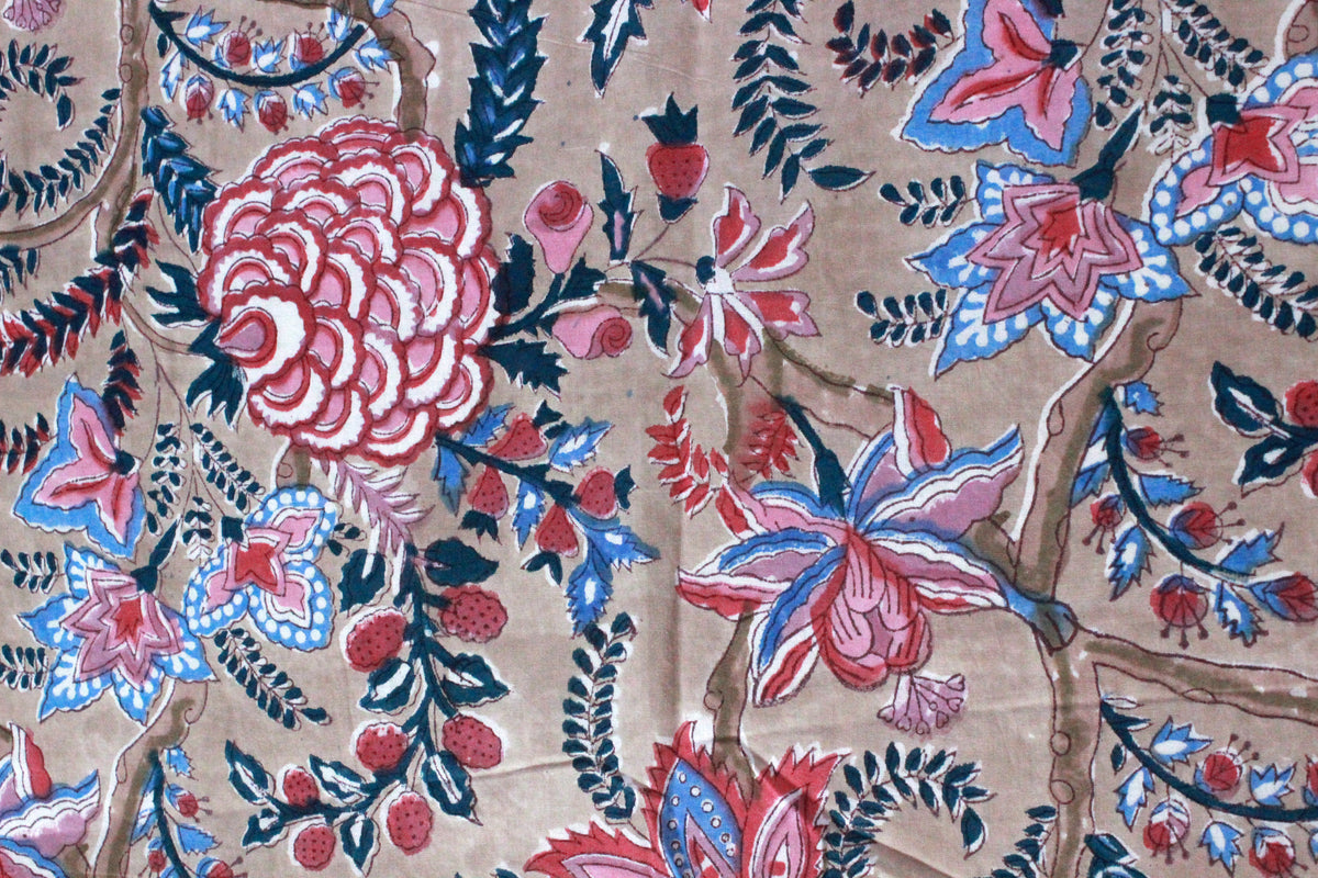 Hand Block Print Cotton Fabric: Brown & Pink Floral Indian Fabric by the Yard