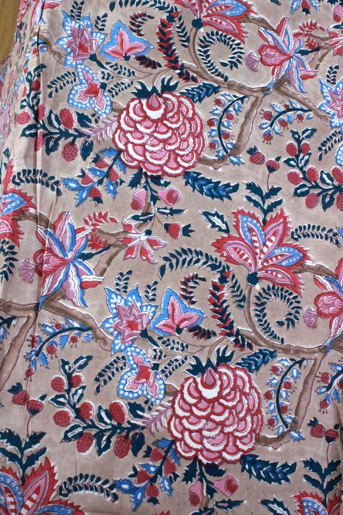 Hand Block Print Cotton Fabric: Brown & Pink Floral Indian Fabric by the Yard