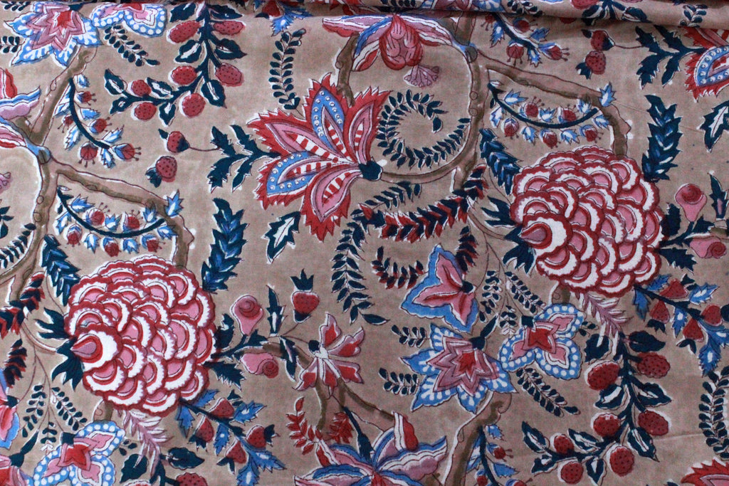 Hand Block Print Cotton Fabric: Brown & Pink Floral Indian Fabric by the Yard