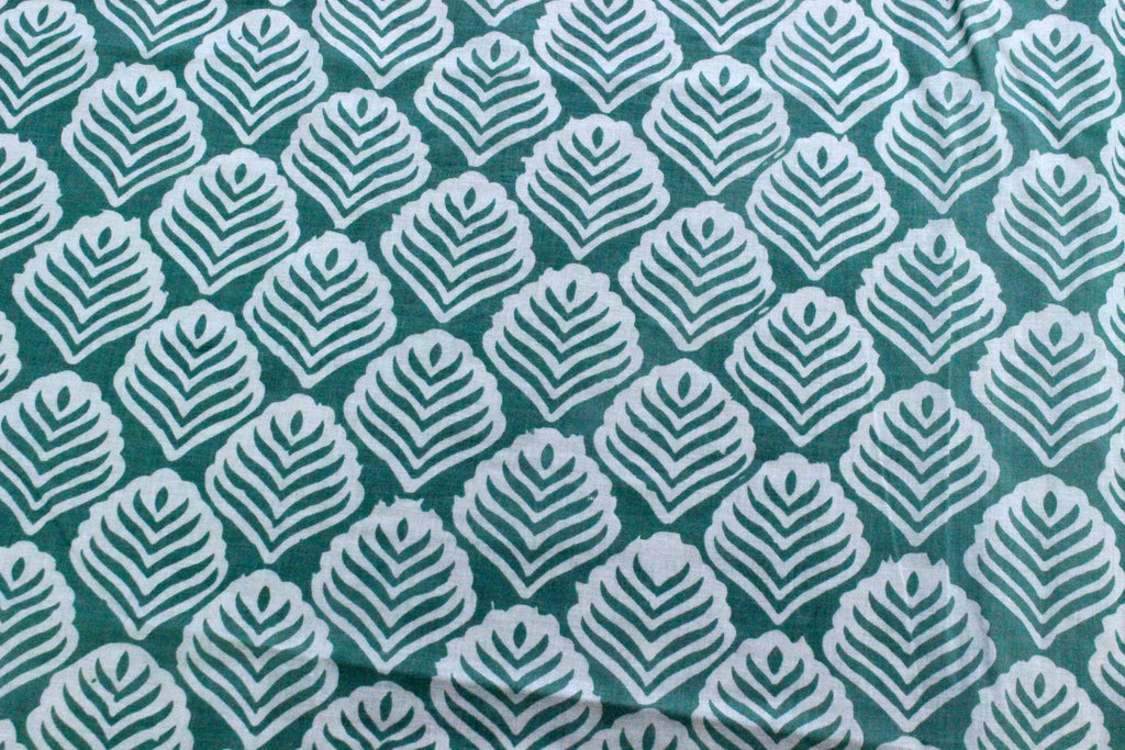 Green Floral Hand Block Print Cotton Fabric: Indian Mughal Style
