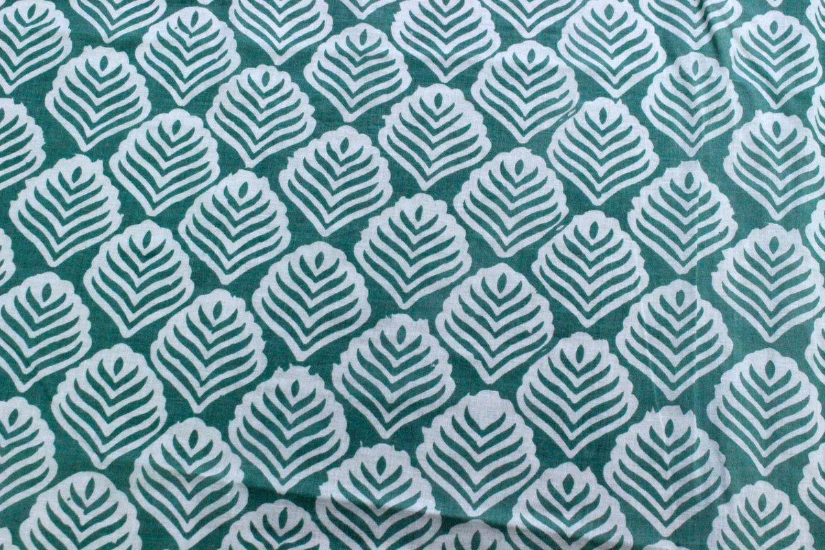 Green Floral Hand Block Print Cotton Fabric: Indian Mughal Style