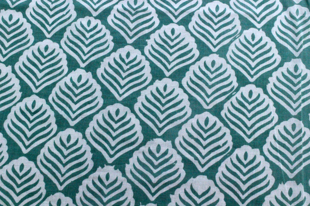 Green Floral Hand Block Print Cotton Fabric: Indian Mughal Style