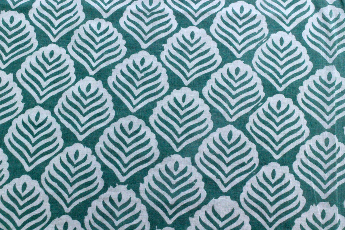Green Floral Hand Block Print Cotton Fabric: Indian Mughal Style