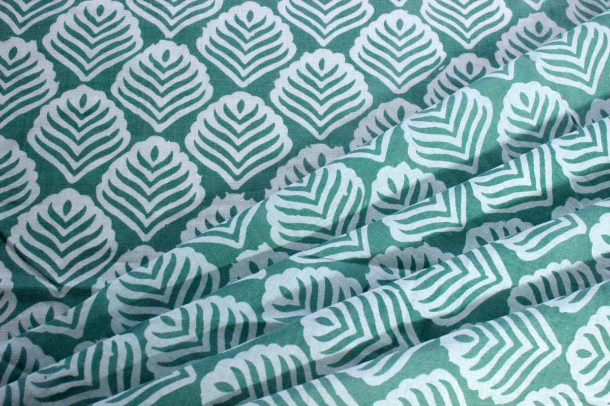 Green Floral Hand Block Print Cotton Fabric: Indian Mughal Style