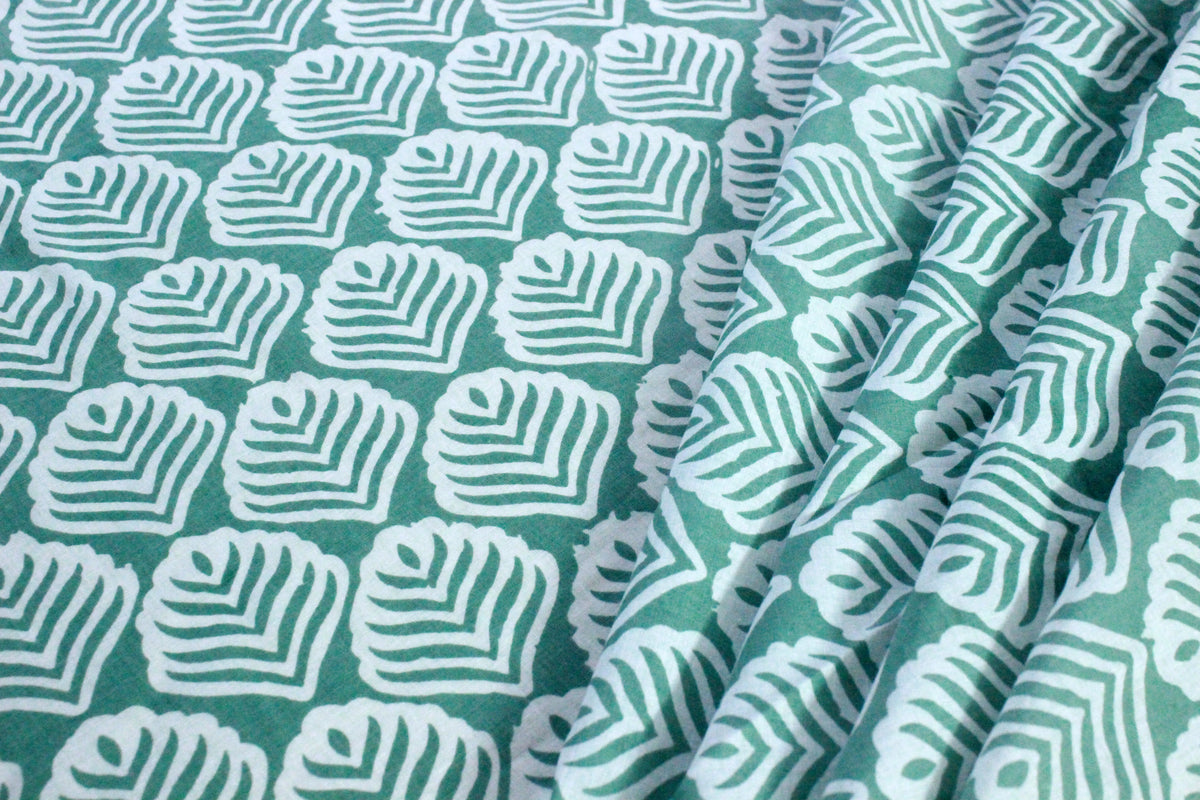 Green Floral Hand Block Print Cotton Fabric: Indian Mughal Style