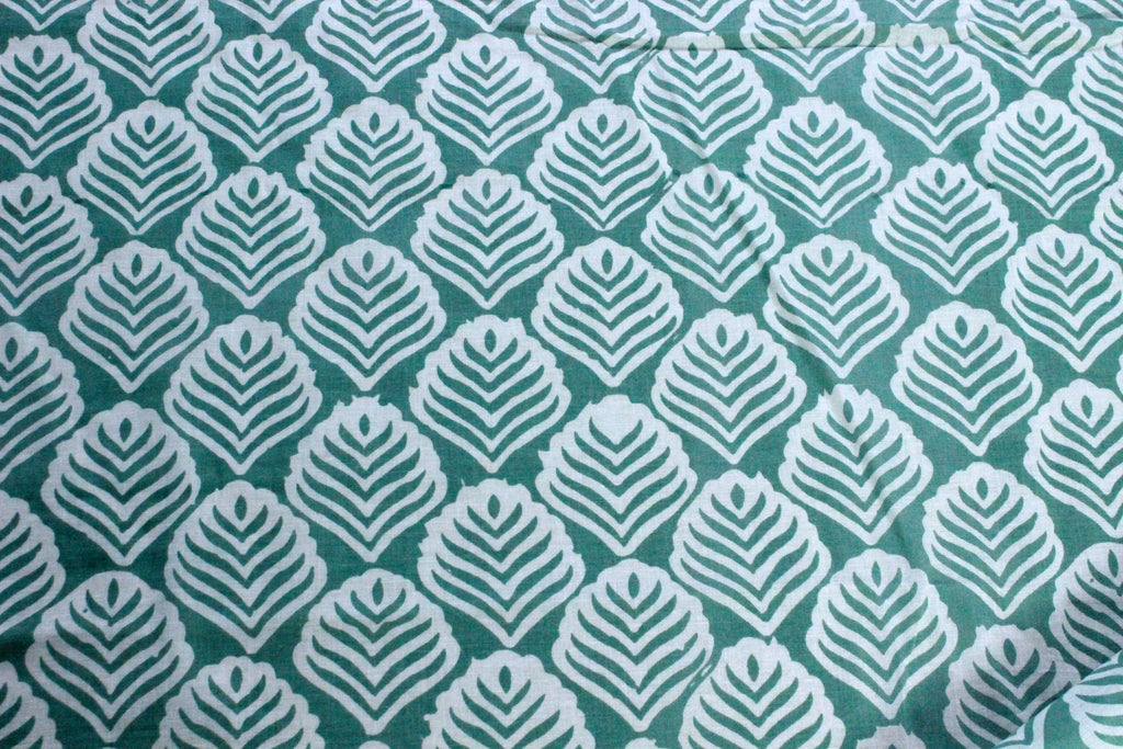 Green Floral Hand Block Print Cotton Fabric: Indian Mughal Style