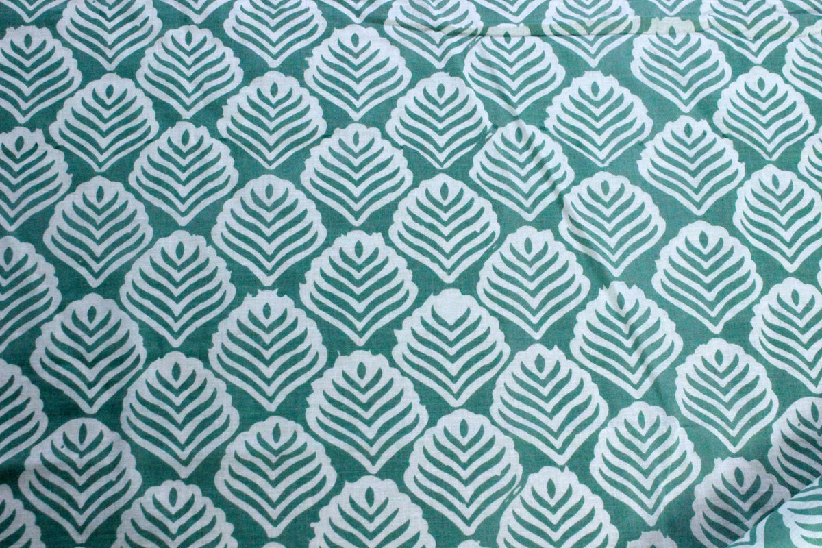 Green Floral Hand Block Print Cotton Fabric: Indian Mughal Style