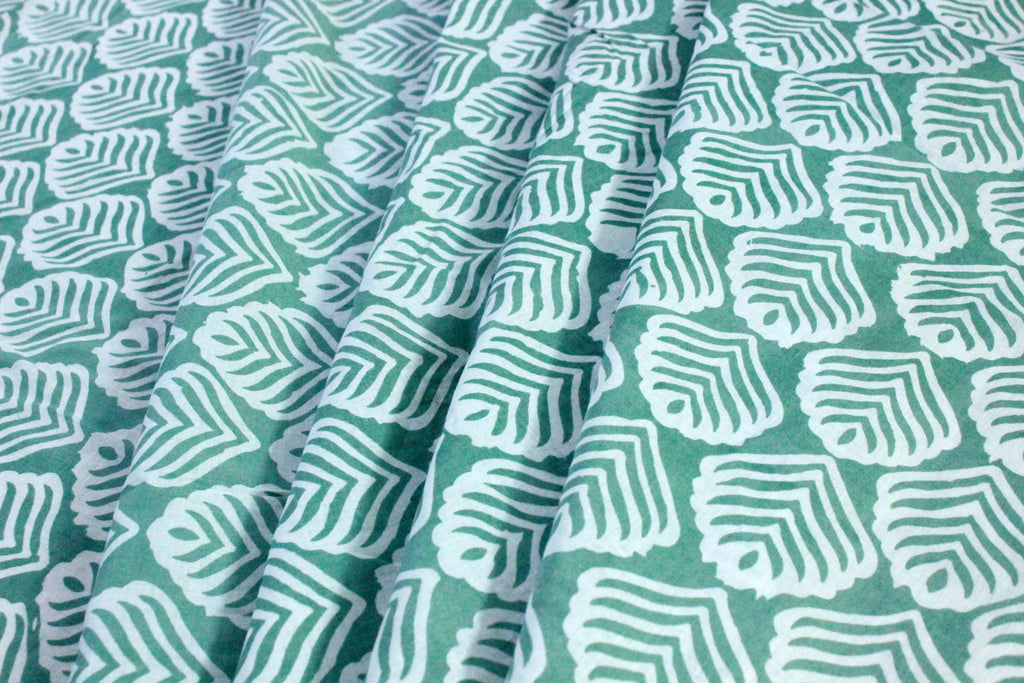 Green Floral Hand Block Print Cotton Fabric: Indian Mughal Style