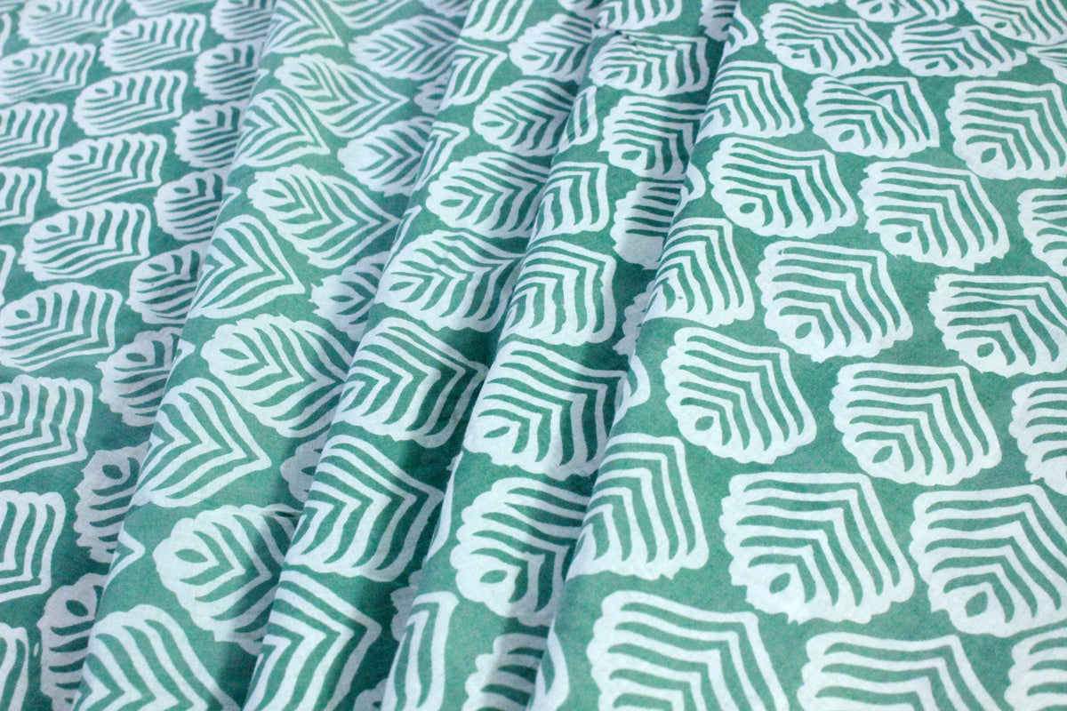 Green Floral Hand Block Print Cotton Fabric: Indian Mughal Style