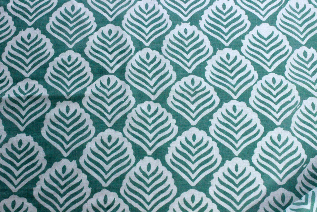 Green Floral Hand Block Print Cotton Fabric: Indian Mughal Style