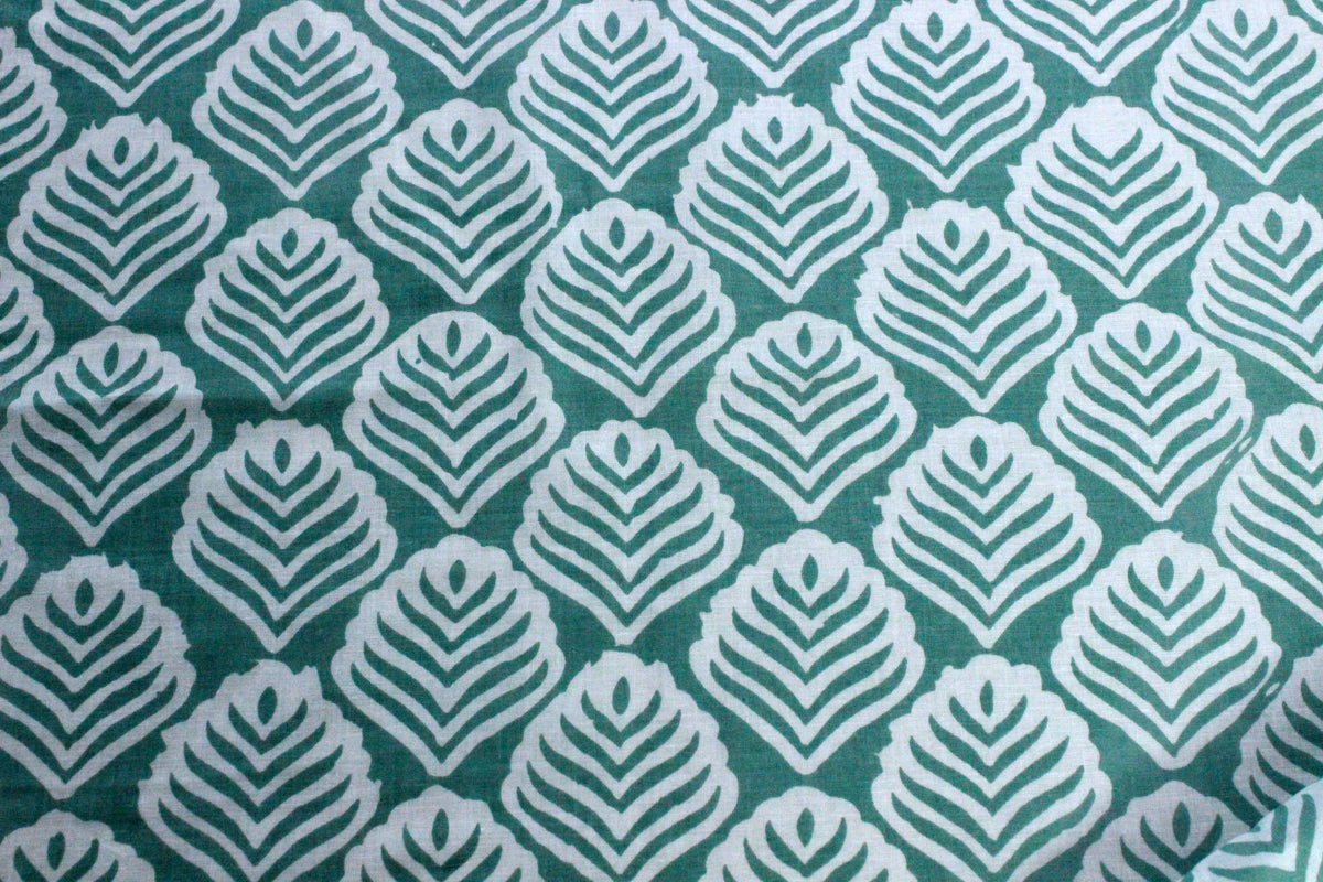 Green Floral Hand Block Print Cotton Fabric: Indian Mughal Style