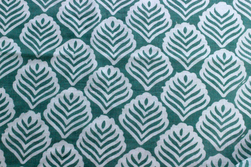 Green Floral Hand Block Print Cotton Fabric: Indian Mughal Style