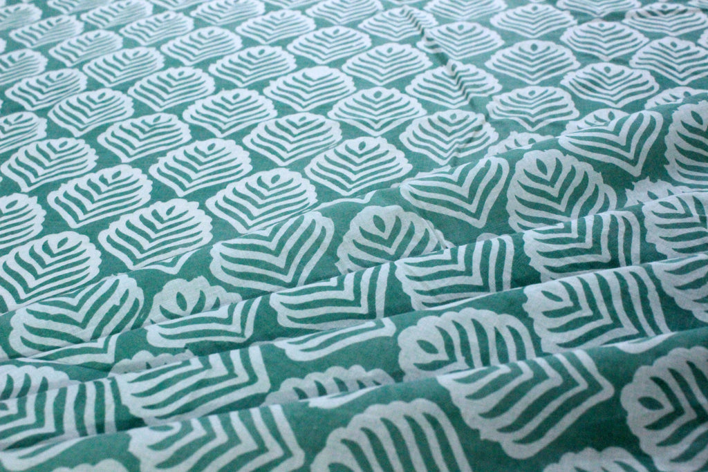 Green Floral Hand Block Print Cotton Fabric: Indian Mughal Style