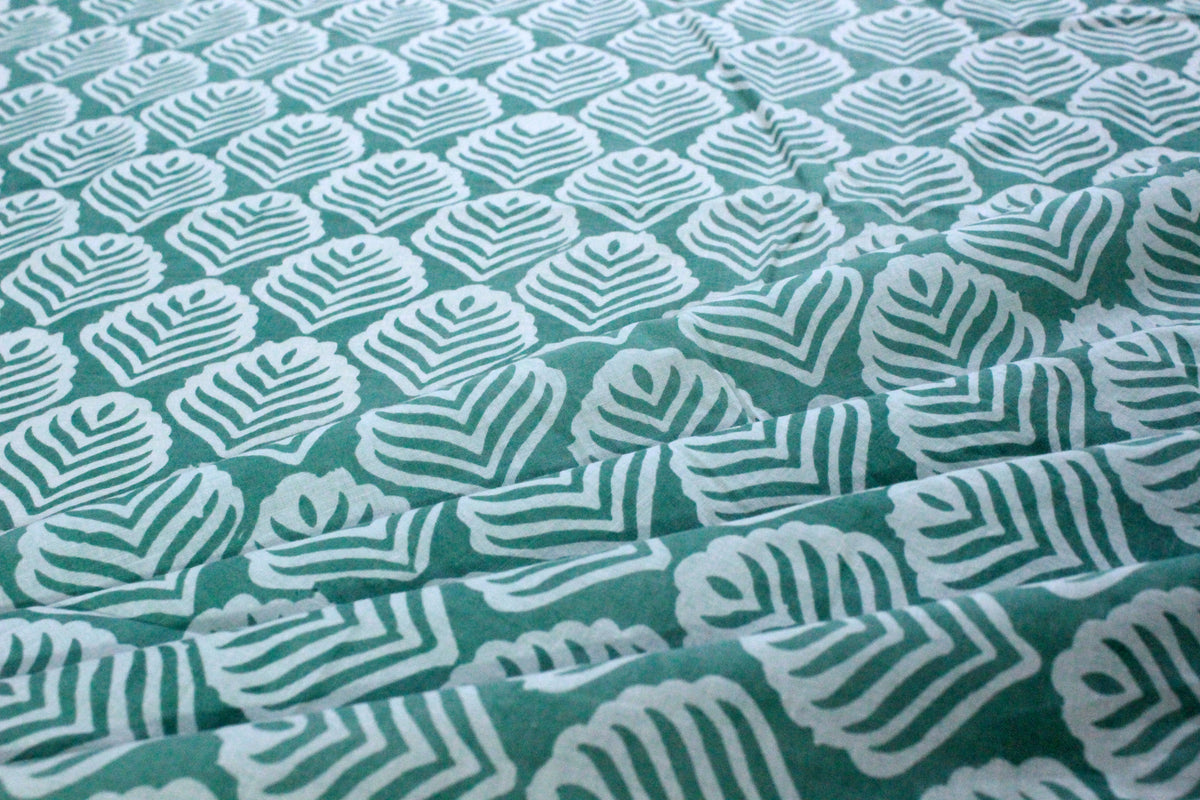 Green Floral Hand Block Print Cotton Fabric: Indian Mughal Style