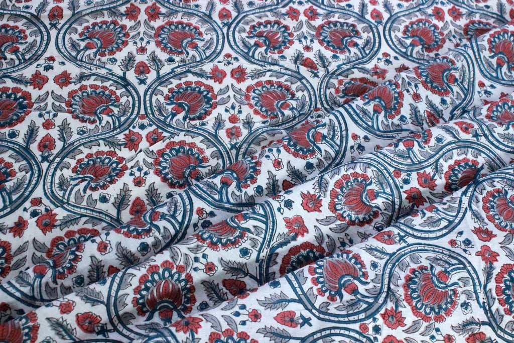 Hand Block Print Cotton Fabric: Red & Blue Floral Indian Fabric