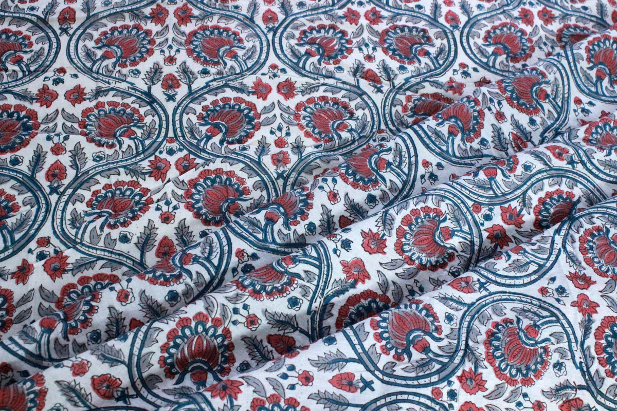 Hand Block Print Cotton Fabric: Red & Blue Floral Indian Fabric