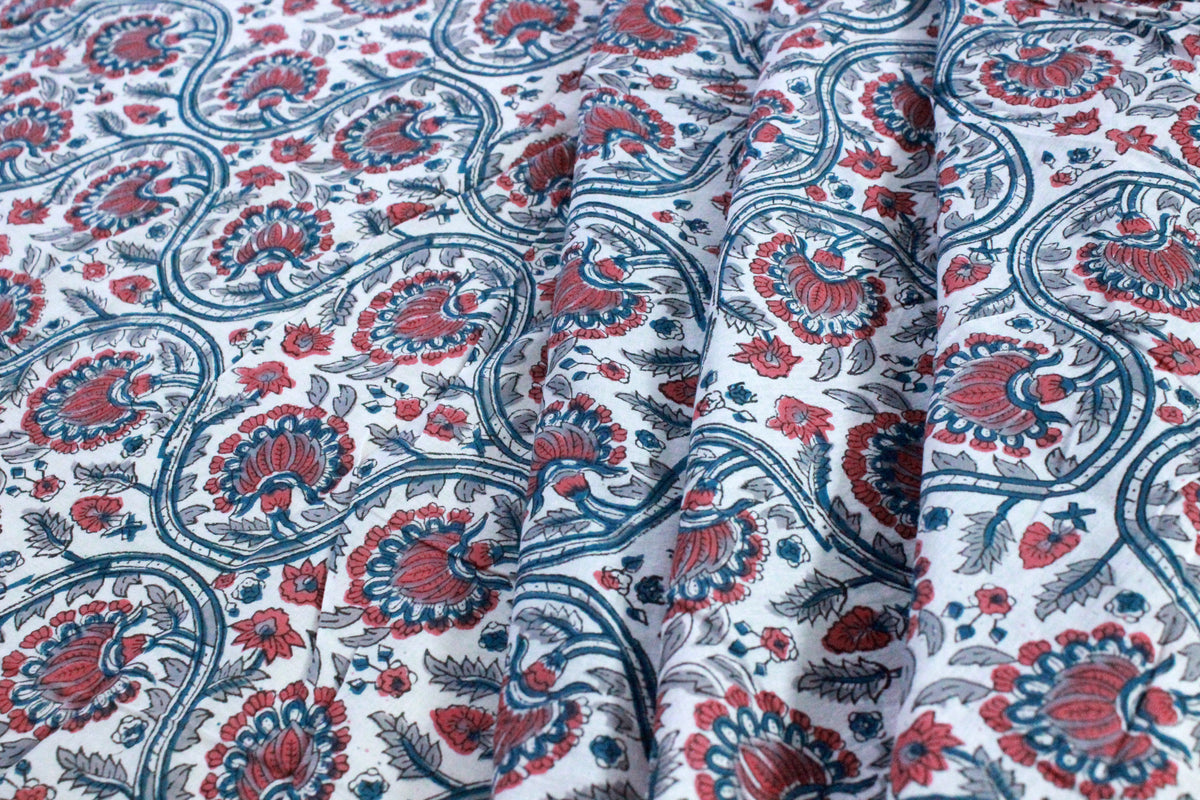 Hand Block Print Cotton Fabric: Red & Blue Floral Indian Fabric